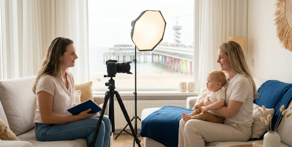 een moeder laat een pasfoto maken van haar kinderen in Scheveningen